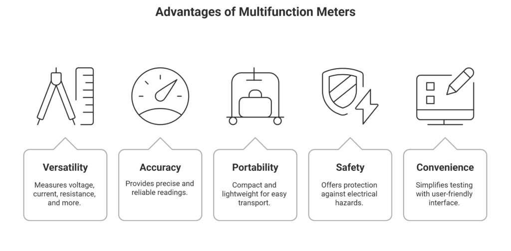 Advantages of multifunction meters: versatility, accuracy, portability, safety, convenience.