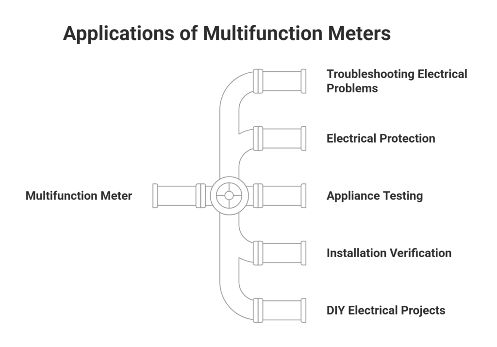 Applications of multifunction meters: troubleshooting, protection, appliance testing, installation, DIY projects.