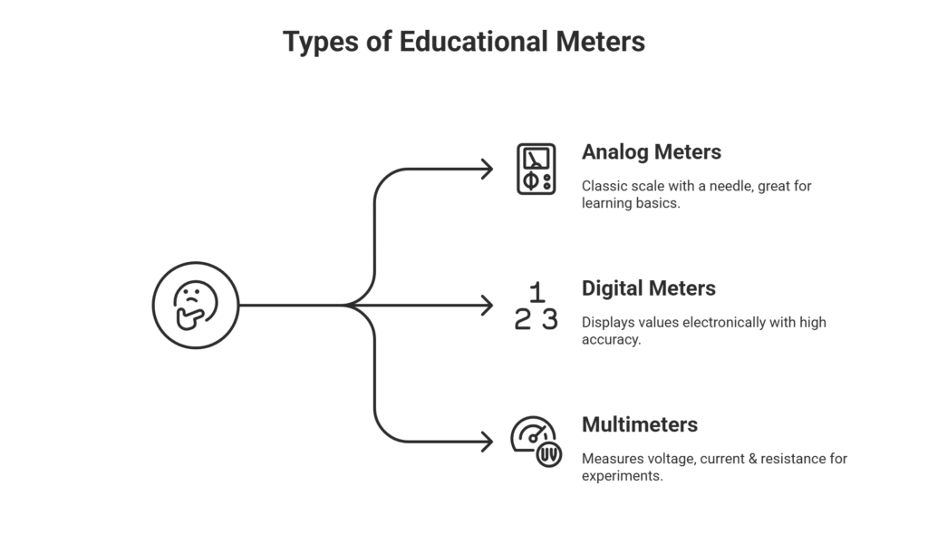Infographic showing three types of educational meters: analog meter with needle, digital meter with numbers, and multimeter with dial and probes, each labeled with a brief description.