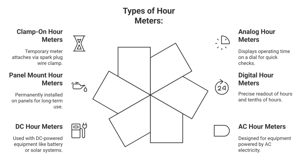 Infographic showing six types of hour meters with icons and brief descriptions.